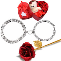 Fashion Frill Silver Couple Bracelet Magnetic Silver Plated Heart Bracelets Love Couples Bracelets Friendship Promise 2 In 1 Wrist Band Link Chain Bracelet For Men (With Golden Flower & Heart Box)