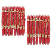 NMII Glass with Zircon Gemstone Studded worked Glossy Finished Kada Set For Women and Girls, (T.Red1_2.4 Inches), Pack Of 16 Kada Set