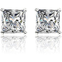 HIGHSPARK 925 Silver Square Solitaire Stud Earrings | 92.5 Sterling Silver & Square Brilliant Cubic Zirconia Tops for Men Women Boys & Girls | Silver 6mm