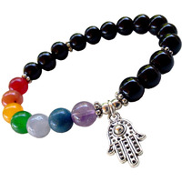 Young & Forever Gift Unisex Adult DVine Hamsa Hand Onyx Beads 7 Chakra Reiki Healing Bracelet (Black)
