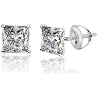 HIGHSPARK 925 Silver Solitaire Screwback Stud Earrings | 92.5 Sterling Silver & Square Princess Cut Brilliant Zirconia Tops for Men, Women, Boys and Girls | Silver 3mm