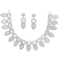 ZENEME Jewellery Set Leaf Style AD/American Diamond Rectangle Shaped Studded Rose Gold Plated Handcrafted Circle Necklace Set for Women & Girls (Mint White)