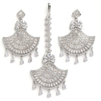 ZENEME Stylish Shiny Round Design Rodhium-Plated Maang Tikka Earring Set Jewellery For Women and Girls (Design 4)