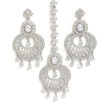 ZENEME Rodhium-Plated American Diamond Studded Maang Tikka With Earring Jewellery For Women and Girls (Design 2)
