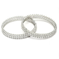 ZENEME Rhodium-Plated Silver Toned White American Diamond studded Lead Shape Bangle Jewelry Set for Girls and Women (Set Of 2) (2.8)
