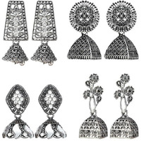 Fashion Frill Silver Earrings For Women Floral Oxidized Silver Jhumka Jhumki Earrings For Women Girls Pack of 4