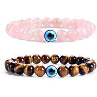 Natural Stone Bead Evil Eye Couple Combo Bracelet Set with Certificate - Embrace Harmony, Protection, and Positive Energy Together (Rose Quartz & Tigers Eye)