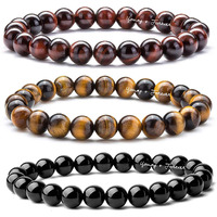 Young & Forever Gift Reiki Infused Handmade Chakra Bracelet Semi Precious Gemstone Onyx Tigers Eye & Red Tigers Eye Natural Stone Bracelet For Womens Pack Of 3