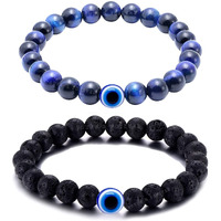 Young & Forever Gift Evil Eye Bracelet for Unisex Adult Beaded Bracelets Diffuser Lava & Blue Tiger Eye Beads Bracelet Long Distance Relationships Couples Bracelets Set of 2