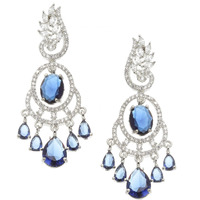 ZENEME Rhodium-Plated American Diamond Studded Oval & Leaf Shaped Drop Earrings For Girls and Women (Navy Blue)