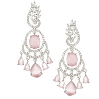ZENEME Rhodium-Plated American Diamond Studded Oval & Leaf Shaped Drop Earrings For Girls and Women (Pink)