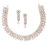 ZENEME Rose Gold-Plated Pink and Rose Black American Diamond Stone-Studded Necklace with Earrings Jewellery Set for Women & Girls (Rose Black Pink)