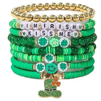GRACIOUS MART 7pcs Beads Bracelet Colorful Beaded Stretch Handmade Friendship Bracelet Anklets Jewelry Preppy Happy Smile Evil Eye Stretch Clay Stackable for Women (Green)
