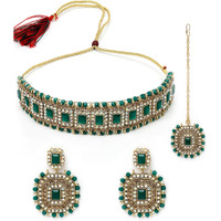 Sukkhi Decent Traditional Green Kundan & Beads Choker Necklace Set With Earring And Maangtika | Jewellery Set For Women (NS105591)