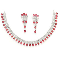 ZENEME Pear Shaped Rhodium-Plated with Silver-Toned White American Diamond Studded Jewellery Set (Red)