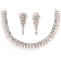 ZENEME Pear Shaped Rhodium-Plated with Silver-Toned White American Diamond Studded Jewellery Set (Pink)