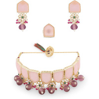 ZAVERI PEARLS Pink Green Stones Beads Kundan Choker Necklace Earring & Ring Set For Women-ZPFK15446