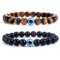 Natural Stone Bead Evil Eye Couple Combo Bracelet Set with Certificate - Embrace Harmony, Protection, and Positive Energy Together (Tiger Eye & Black Agate)