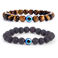 Hot And Bold Multilayered Couple Evil Eye Beads Combo Bracelet Set. Embrace Harmony, Protection, and Positive Energy Together for Him & Her. (Stone Medley Bracelet (Tiger Eye & Lava))