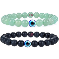 Natural Stone Bead Evil Eye Couple Combo Bracelet Set with Certificate - Embrace Harmony, Protection, and Positive Energy Together (Matt Onyx & Green Aventurine)