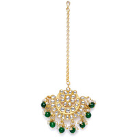 I Jewels 18K Gold Plated Ethnic Matte Finish Traditional Kundan Studded Maang Tikka With Pearls For Women/Girls (T2861G)