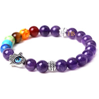Triple Protection Gemstone Bracelets with Hamsa Hand & Evil Eye Charms - Natural Stones for Balance and Warding Off Negativity. (7 Chakra Amethyst Hamsa Evil Eye Bracelet)