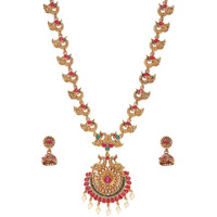 ZAVERI PEARLS Pink & Green Shones Peacock Inspired Antique Traditional Necklace & Earring Set For Women-ZPFK10035