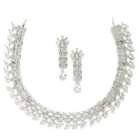 ZENEME Rhodium-Plated White American Diamond Stone-Studded Necklace with Earrings Jewellery Set for Women & Girls (White)