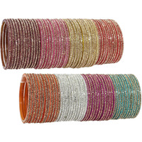 NMII Glass with Zircon Gemstone Studdded Glossy Finished Traditional Bangle Set For Women and Girls, (G103_Combo-A_2.4 Inches), Pack Of 96 Bangle Set
