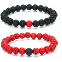 Hot And Bold Unisex-Adult Natural Stone Bead Evil Eye Couple Combo Bracelet Set With Certificate - Embrace Harmony, Protection, And Positive Energy Together (Red Turquoise & Lava Stone)