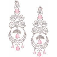 Zeneme Floral Shaped American Diamond Dangle Chandelier Earring For Women And Girls (Pink Rhodium)