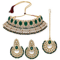 Sukkhi Delightful Trendy Gold Plated Green Kundan & Beads Choker Necklace Set With Earring And Maangtika | Jewellery Set For Women (NS105577)