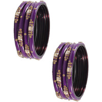 NMII Glass with Zircon Gemstone Or Beads Studded worked Glossy Finished Kada Set For Women and Girls, (Purple_2.4 Inches), Pack Of 8 Kada Set