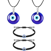 Young & Forever Gift Evil Eye Necklace with Evil Eye Bracelet Set 2 Pieces Black Lucky Bracelets 2 Pieces Evil Eye Pendant Necklaces Turkish Blue for Women Men Girls Boys