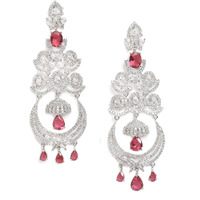 Zeneme Floral Shaped American Diamond Dangle Chandelier Earring For Women And Girls (Red Rhodium)