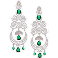 Zeneme Floral Shaped American Diamond Dangle Chandelier Earring For Women And Girls (Green Rhodium)