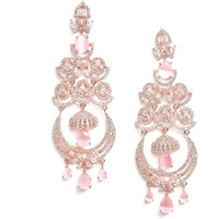Zeneme Floral Shaped American Diamond Dangle Chandelier Earring For Women And Girls (Pink RoseGold)