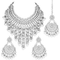 Peora Traditional Kundan & Pearl Drop Rhodium Plated Choker Necklace Earring Set with Maang Tikka for Women Girls