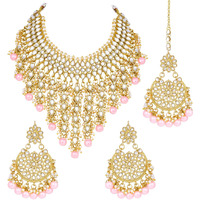 Peora Traditional Kundan & Pearl Drop Pink Choker Necklace Earring Set with Maang Tikka for Women