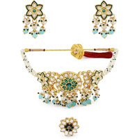 ZAVERI PEARLS Green Beads & Kundan Choker Necklace Earring & Ring Set For Women-ZPFK11066
