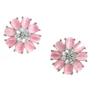 Zeneme Stud Rhodium Plated AD American Diamond Flower-Shaped Earrings Ear Studs Jewellery For Women and Girl (Pink)