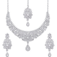 Atasi International Silver Plated Crystals Necklace/Jwelery Set with Earrings and Maang Tikka for Women - Ideal for Party, Wedding, Any Occasion (White)
