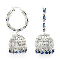 Zeneme American Diamond CZ Fashion Jewellery Traditional Ethnic Jhumka Earrings for Women And Girls (Silver Blue)