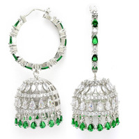 Zeneme American Diamond CZ Fashion Jewellery Traditional Ethnic Jhumka Earrings for Women And Girls (Silver Green)
