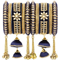 Peora Velvet Matching Kundan Floral Silk Thread Chura Bangle Set for Women (2.6 inch) (Blue)