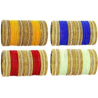 NMII Multicolour Glass with Zircon Stone, Pearls and Golden Ballchain Studded Fancy Velvet Bangles Set For Womens and Girls | Stylish Glass Bangles Set- Pack of 128 Bangles, (MultiColour-2.2 Inches)