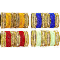 NMII Multicolour Glass with Zircon Stone, Pearls and Golden Ballchain Studded Fancy Velvet Bangles Set For Womens and Girls | Stylish Glass Bangles Set- Pack of 128 Bangles, (MultiColour-2.4 Inches)