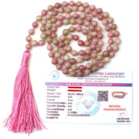 Remedywala Certified Rhodochrosite Crystal Mala 6MM, Pink Tussel