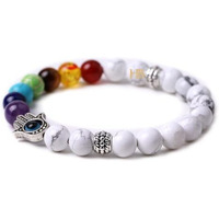 Triple Protection Gemstone Bracelets with Hamsa Hand & Evil Eye Charms - Natural Stones for Balance and Warding Off Negativity. (7 Chakra Howlite Hamsa Evil Eye Bracelet)