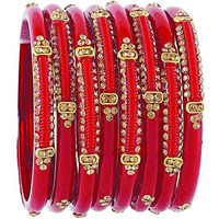 NMII Glass with Zircon Gemstone Studded worked Glossy Finished Kada Set For Women and Girls, (T.Red_2.8 Inches), Pack Of 8 Kada Set